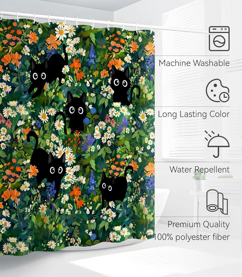 Stanoha Shower Curtain for Bathroom Stall Boho Modern Cute Aesthetic Decorative Girly Waterproof Unique Cats Flowers Girls Chic Print Design Teen Pretty Women Cortinas de Baño Bathtub 72 x72 Inch - Image 3